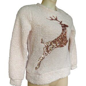 Blush Pink Fleece Sherpa Sequin Sweater Rudolph Reindeer ugly Christmas